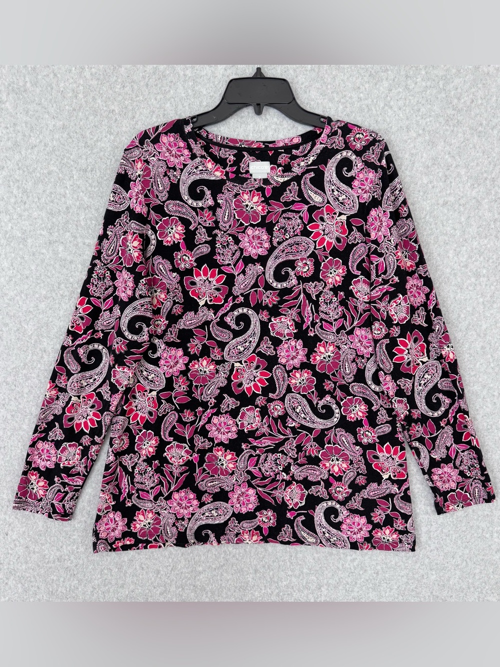 Chicos Top Womens 3 /  XL Long Sleeve Paisley Floral Pink Black Red Stretch
